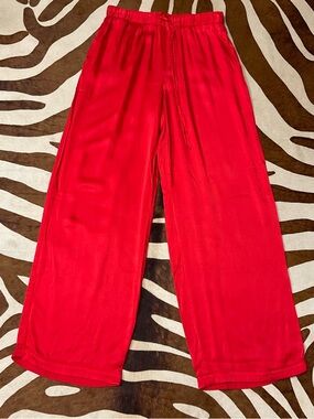 Parade Red Luxe Satin Pants Size Small with Pockets Wide Leg Silky Bottoms Rayon